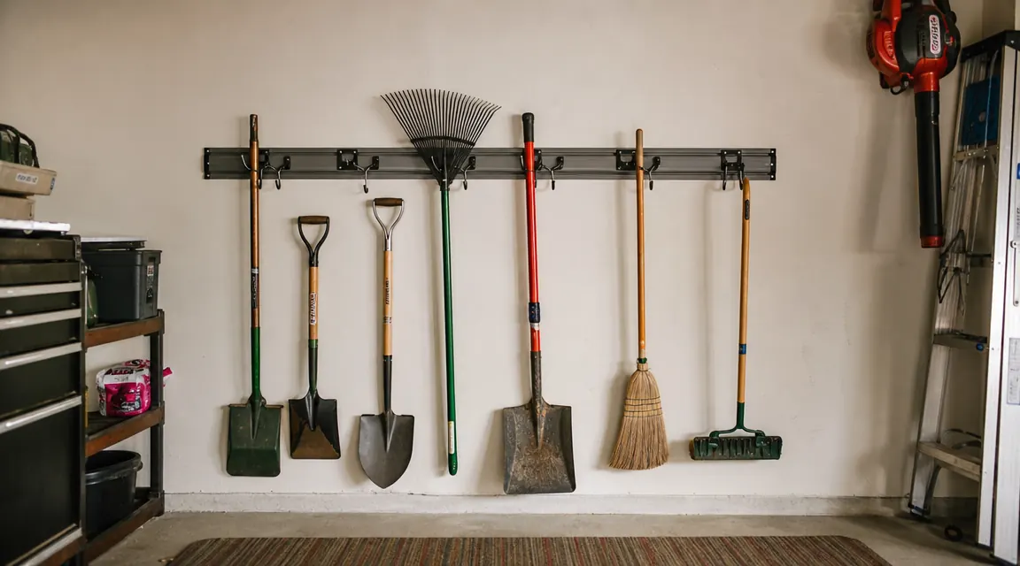 Organized garage wall with tools hanging on a 72-inch steel rail organizer, morning light from an open garage door