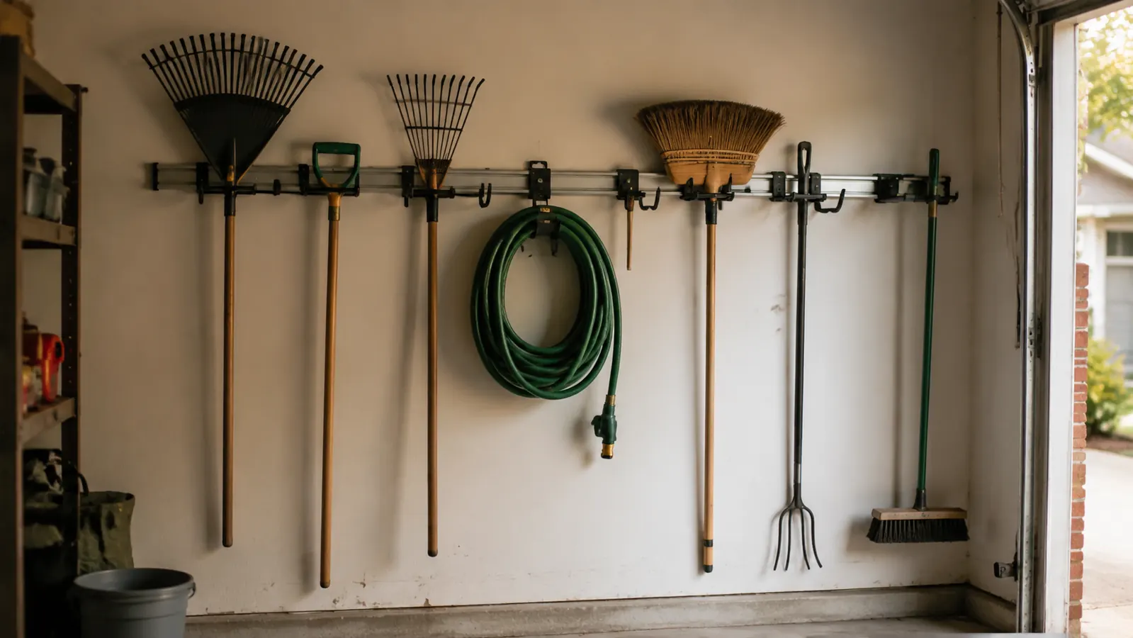 Organized garage wall with long horizontal rail holding rakes, shovels, brooms, and a ladder